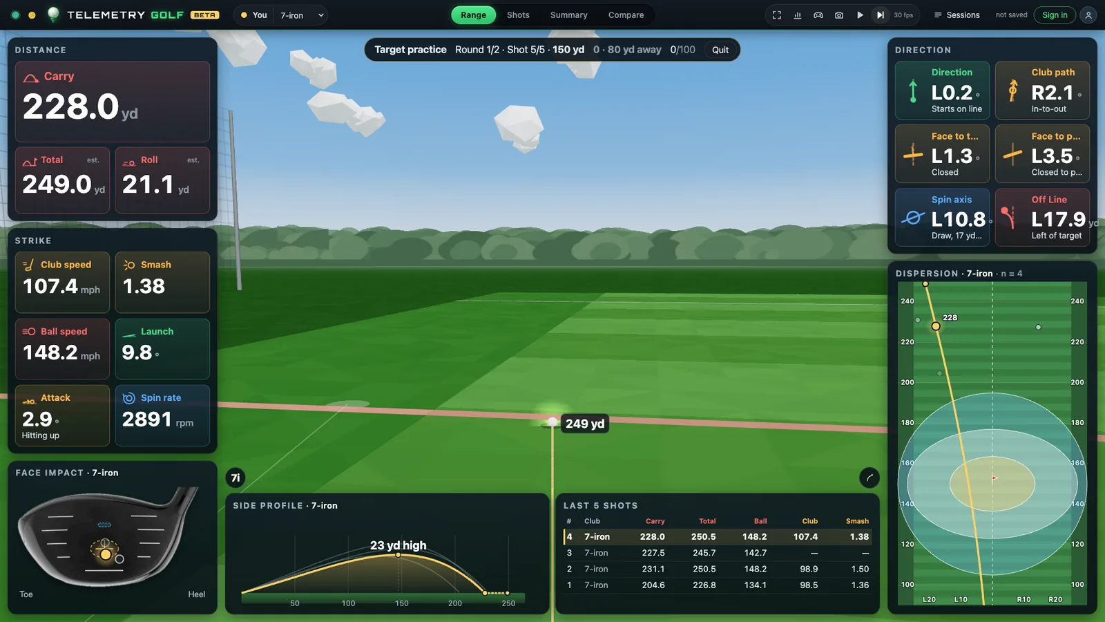 Target practice in progress: rings on the range, the score bar and the shot's numbers