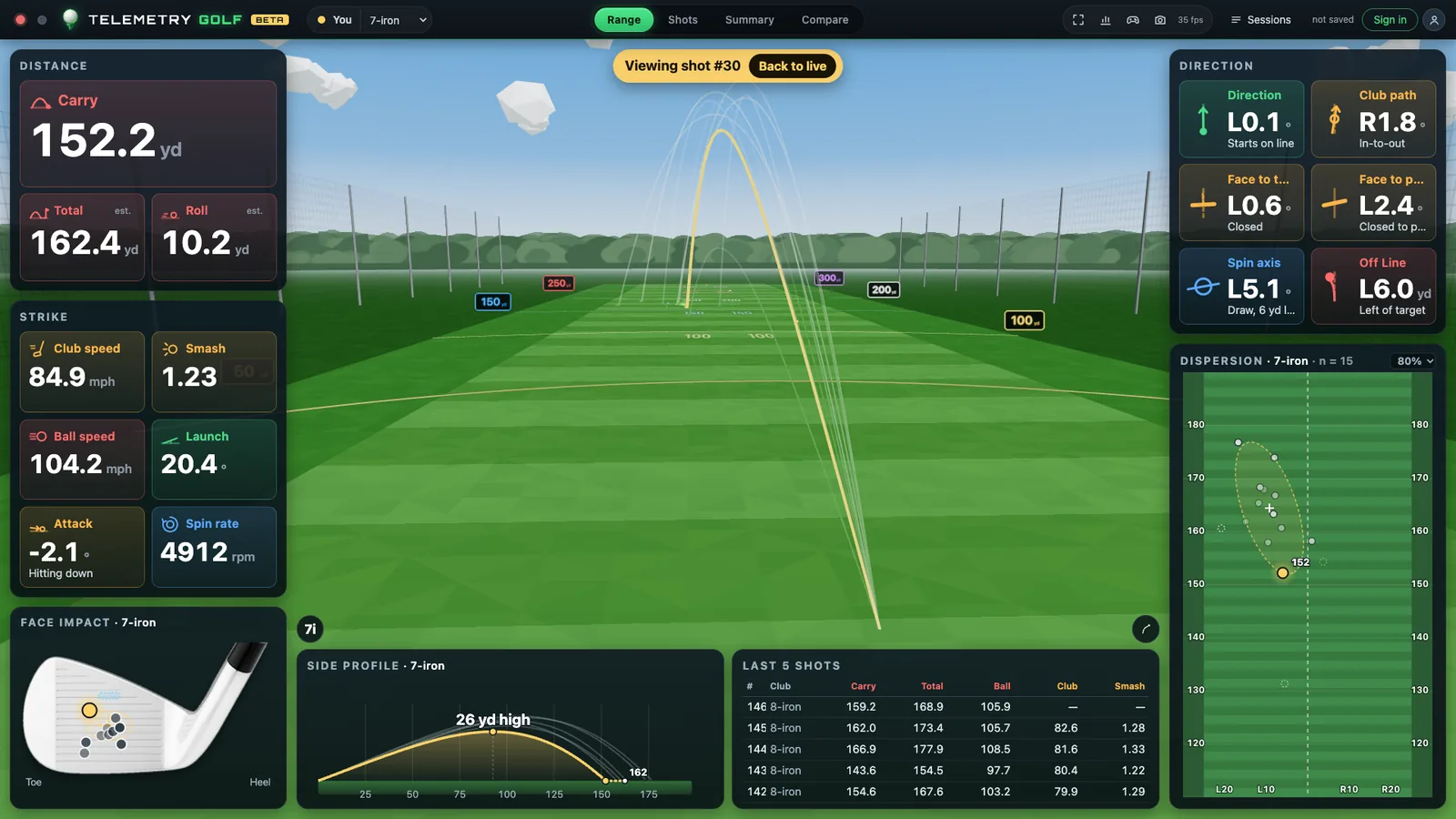 The range view: a 7-iron's flight with every number around it